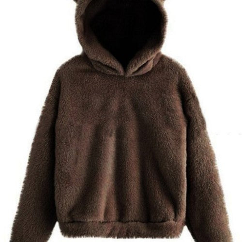 Women Fluffy Rabbits Ears Solid Cartoon Cute Hooded Patchwork Long Sleeve Casual Sweatshirt