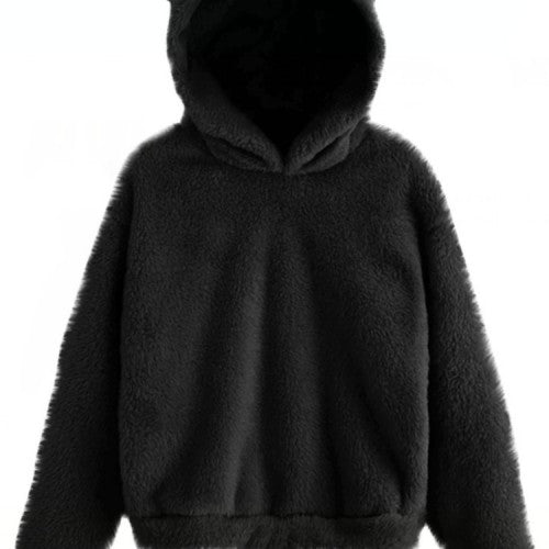 Women Fluffy Rabbits Ears Solid Cartoon Cute Hooded Patchwork Long Sleeve Casual Sweatshirt