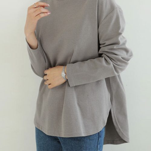 Women Long Sleeve Loose Solid Side Fork High Low Casual Pullover Sweatshirt
