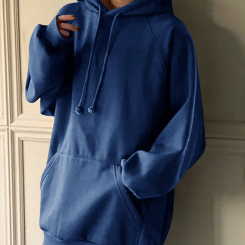 Women Loose Pocket Raglan Solid Color Long Sleeve Casual Hooded Sweatshirt