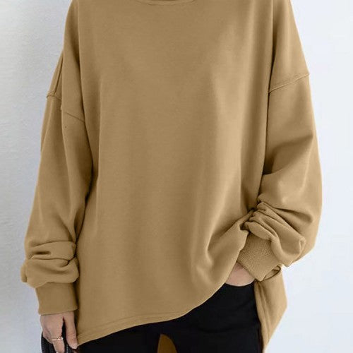 Women Loose Thick Back Fork High Low Solid Casual Pullover Sweatshirt