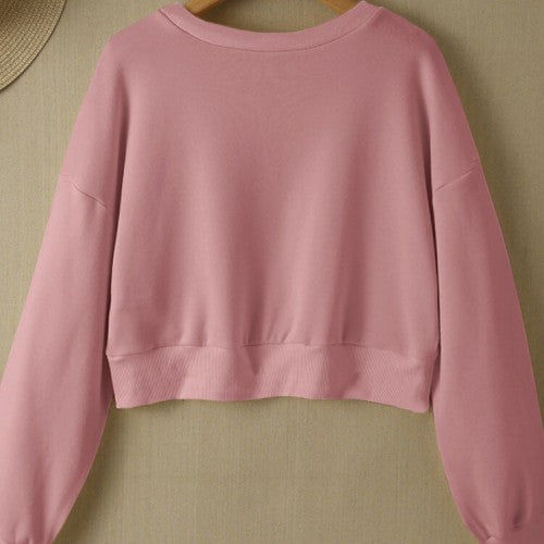Women Long Sleeve Solid Round Necked Narrow Hem Pullover Sweatshirt