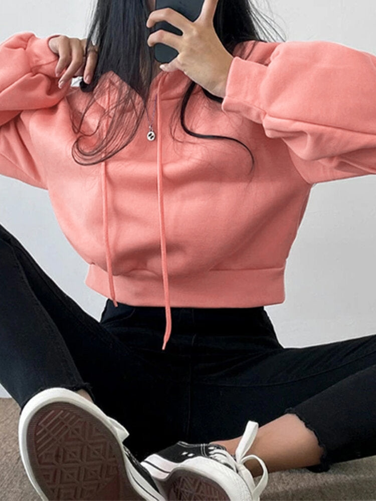 Solid Drawstring Long Sleeve Casual Women Hoodie
