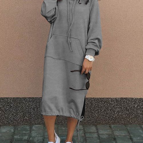 Women Solid Simple Daily Drawstring Calf Length Hoodie with Pocket