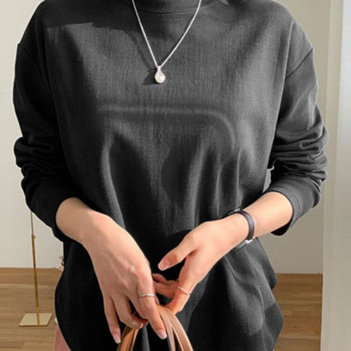 Women Long Sleeve Loose Solid Side Fork High Low Casual Pullover Sweatshirt