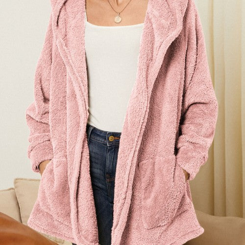 Women Plush Coat Open Front Side Pockets Casual Hooded Sweatshirt