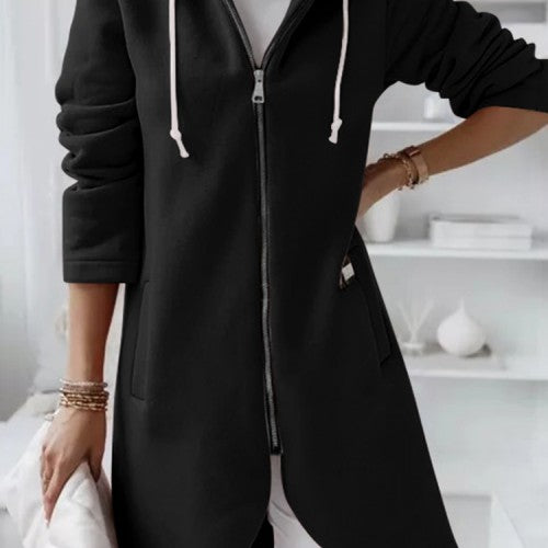 Women Solid Color Side Pocket Asymmertrical Hem Hoodie With Front Zipper
