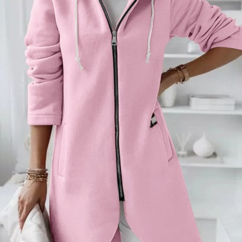 Women Solid Color Side Pocket Asymmertrical Hem Hoodie With Front Zipper