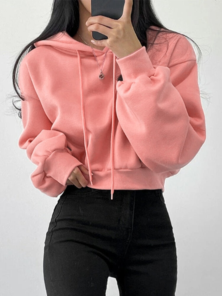 Solid Drawstring Long Sleeve Casual Women Hoodie
