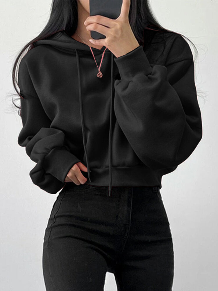 Solid Drawstring Long Sleeve Casual Women Hoodie