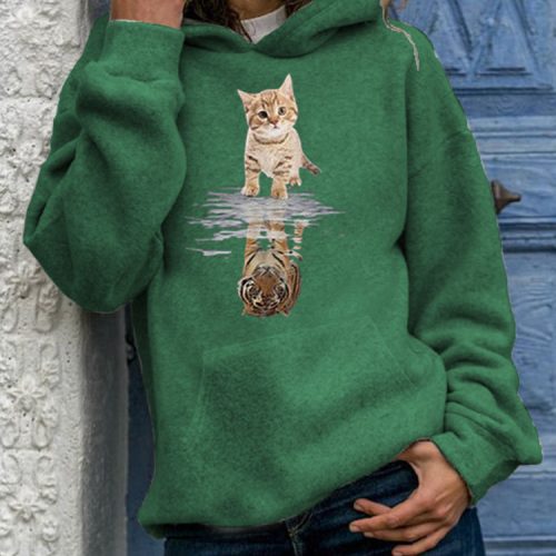Women Cute Cat Graphic Print Long Sleeve Casual Pullover Hoodie