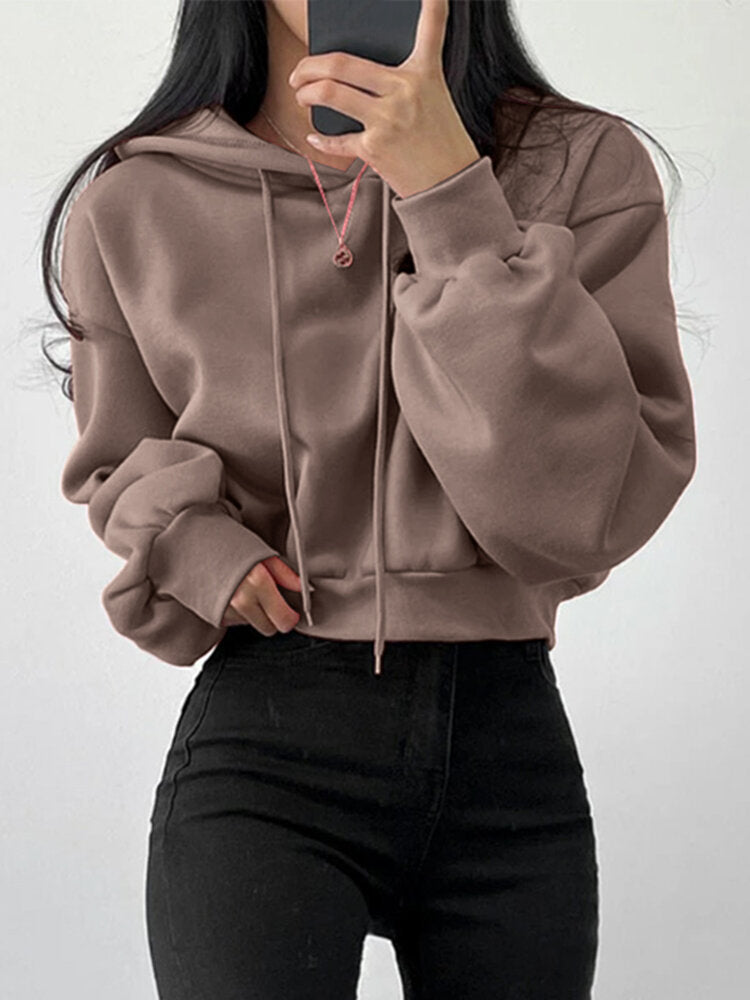 Solid Drawstring Long Sleeve Casual Women Hoodie