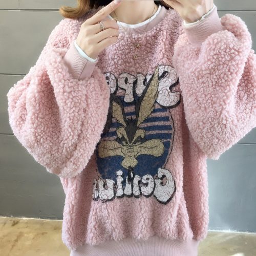 Cartoon Print Stitching Hem Teddy Round Neck Casual Cute Sweatshirt
