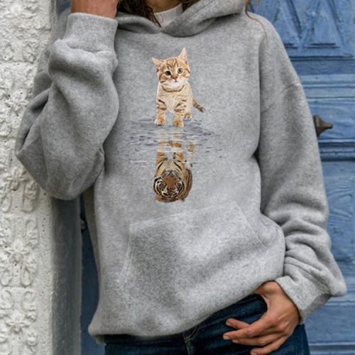 Women Cute Cat Graphic Print Long Sleeve Casual Pullover Hoodie