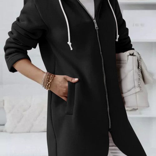 Women Solid Color Side Pocket Asymmertrical Hem Hoodie With Front Zipper