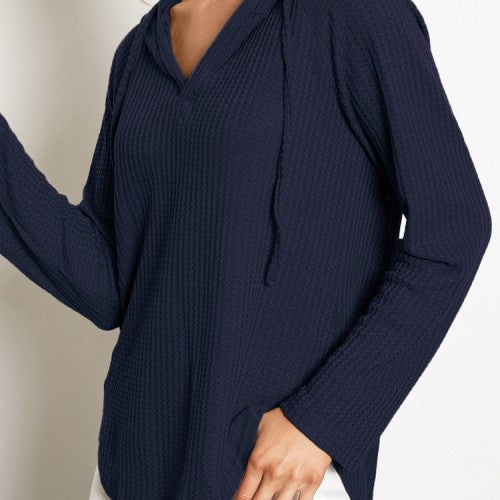 Women Solid Hood V-Neck Drawstring Vein Long Sleeve Hooded Sweatshirts
