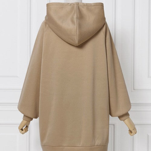 Women Loose Pocket Raglan Solid Color Long Sleeve Casual Hooded Sweatshirt