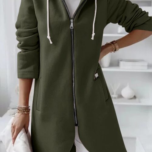 Women Solid Color Side Pocket Asymmertrical Hem Hoodie With Front Zipper
