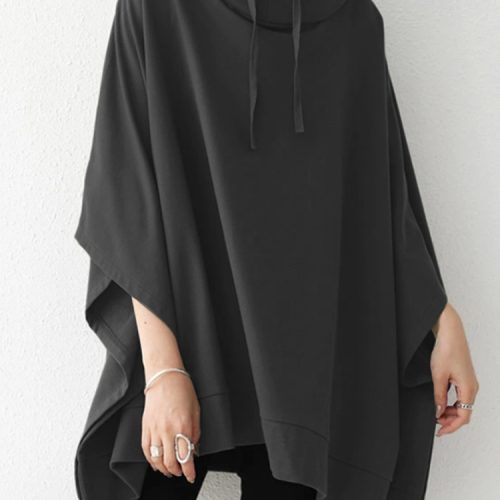 Women Solid Color Turtleneck Collar Dolman Sleeveless Retro Hooded Sweatshirt