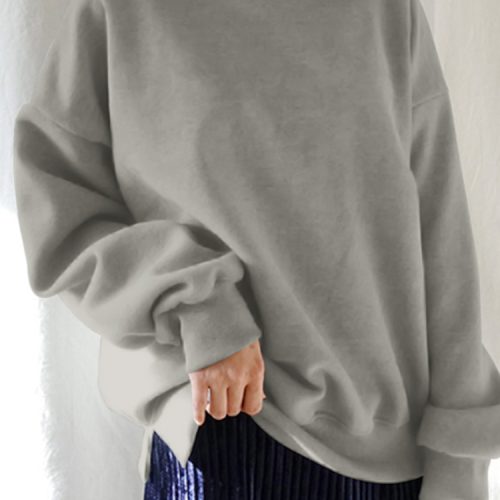 Women Solid Color Thick Round Neck Puff Sleeve Narrow Cuff Long Sleeve Pullover Sweatshirt