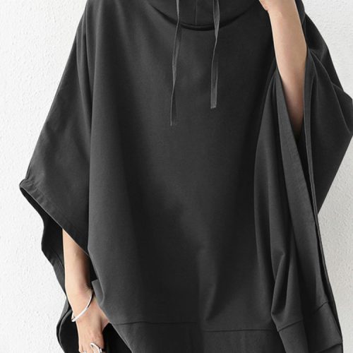 Women Solid Color Turtleneck Collar Dolman Sleeveless Retro Hooded Sweatshirt