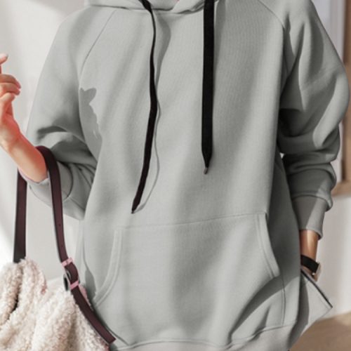 Women Solid Casual Raglan Sleeve Side Split Sweatshirt Hoodies