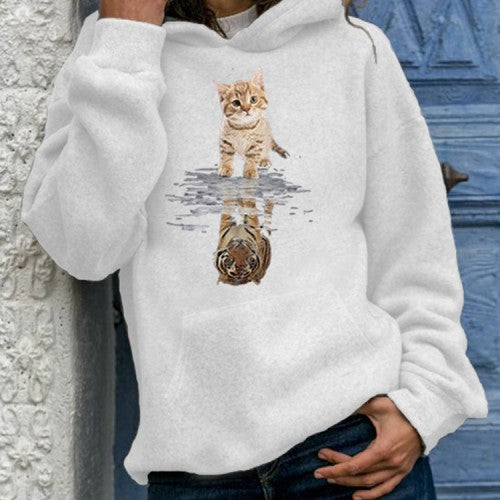 Women Cute Cat Graphic Print Long Sleeve Casual Pullover Hoodie