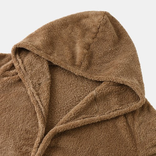 Women Plush Coat Open Front Side Pockets Casual Hooded Sweatshirt