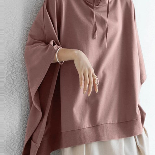 Women Solid Color Turtleneck Collar Dolman Sleeveless Retro Hooded Sweatshirt