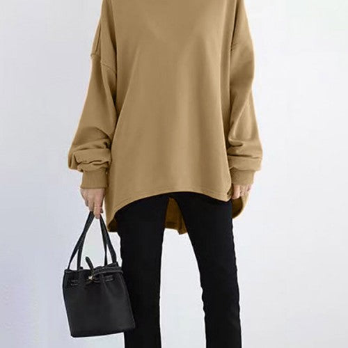 Women Loose Thick Back Fork High Low Solid Casual Pullover Sweatshirt