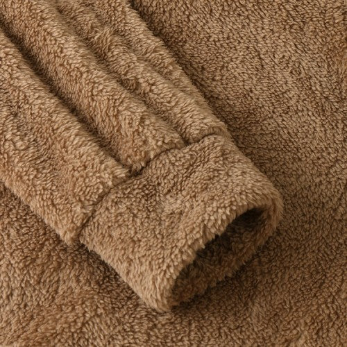 Women Plush Coat Open Front Side Pockets Casual Hooded Sweatshirt