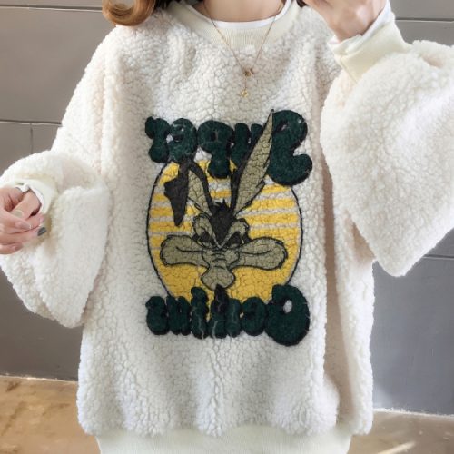 Cartoon Print Stitching Hem Teddy Round Neck Casual Cute Sweatshirt