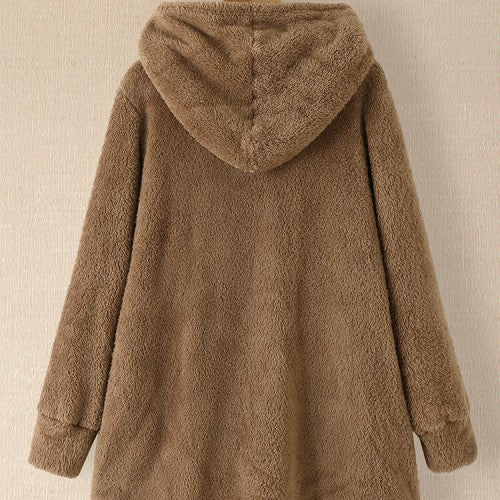 Women Plush Coat Open Front Side Pockets Casual Hooded Sweatshirt