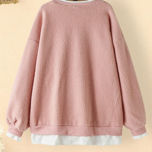 Cartoon Print Stitching Hem Teddy Round Neck Casual Cute Sweatshirt