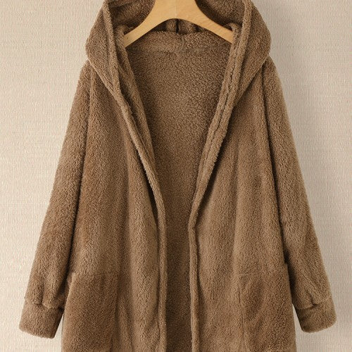 Women Plush Coat Open Front Side Pockets Casual Hooded Sweatshirt