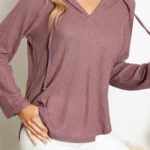 Women Solid Hood V-Neck Drawstring Vein Long Sleeve Hooded Sweatshirts