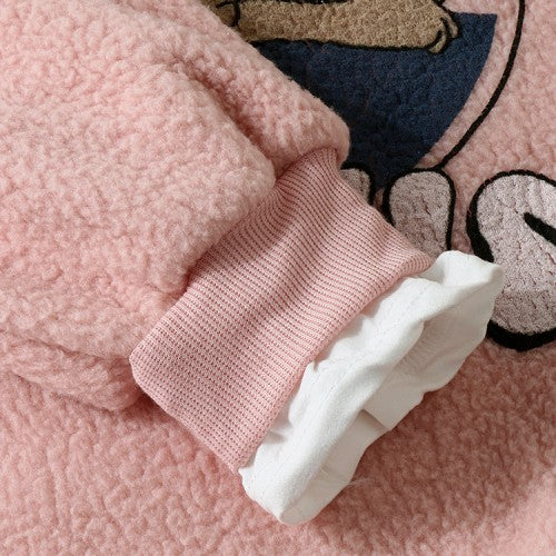 Cartoon Print Stitching Hem Teddy Round Neck Casual Cute Sweatshirt