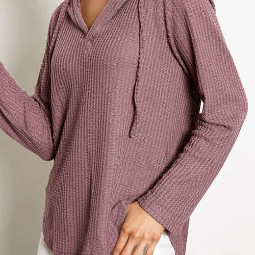 Women Solid Hood V-Neck Drawstring Vein Long Sleeve Hooded Sweatshirts