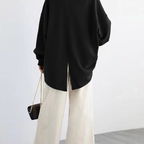 Women Loose Thick Back Fork High Low Solid Casual Pullover Sweatshirt