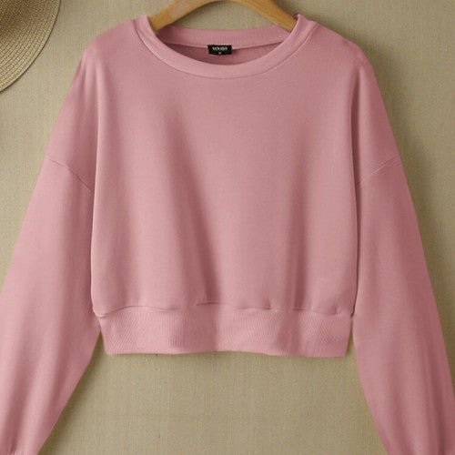 Women Long Sleeve Solid Round Necked Narrow Hem Pullover Sweatshirt