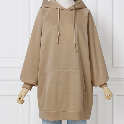Women Loose Pocket Raglan Solid Color Long Sleeve Casual Hooded Sweatshirt
