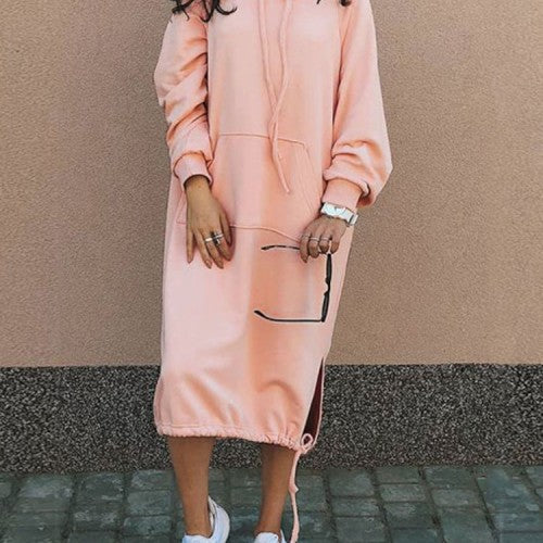 Women Solid Simple Daily Drawstring Calf Length Hoodie with Pocket