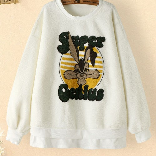 Cartoon Print Stitching Hem Teddy Round Neck Casual Cute Sweatshirt