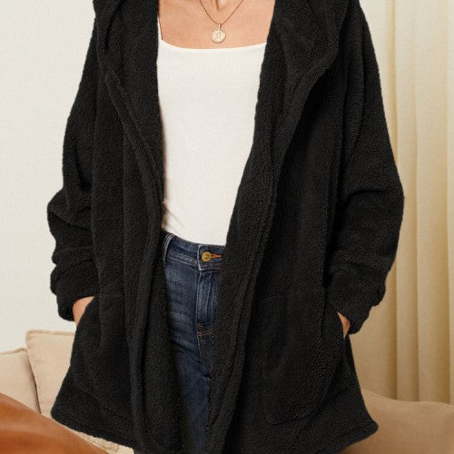 Women Plush Coat Open Front Side Pockets Casual Hooded Sweatshirt