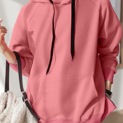 Women Solid Casual Raglan Sleeve Side Split Sweatshirt Hoodies