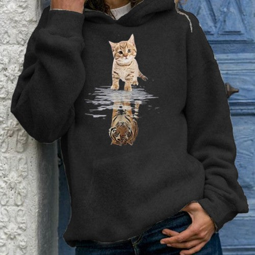 Women Cute Cat Graphic Print Long Sleeve Casual Pullover Hoodie
