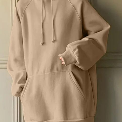 Women Loose Pocket Raglan Solid Color Long Sleeve Casual Hooded Sweatshirt