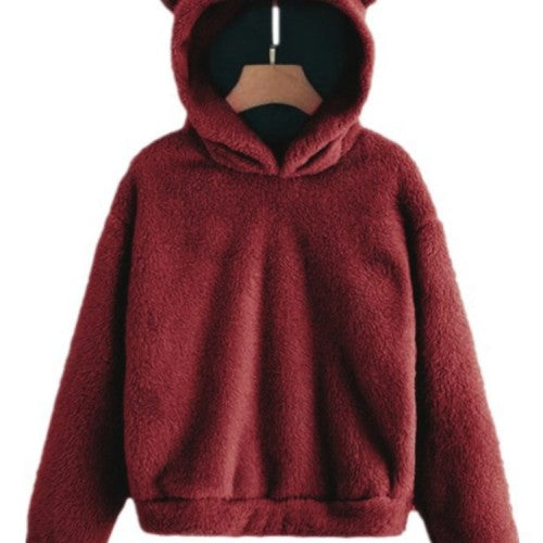 Women Fluffy Rabbits Ears Solid Cartoon Cute Hooded Patchwork Long Sleeve Casual Sweatshirt