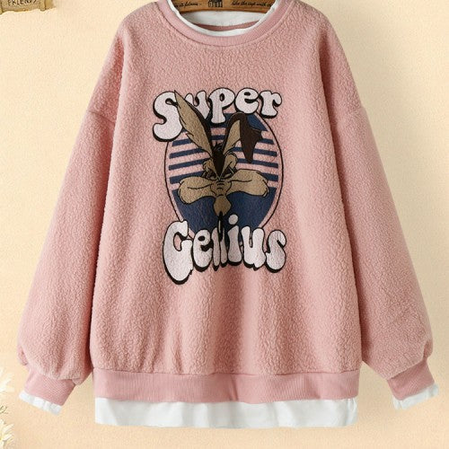 Cartoon Print Stitching Hem Teddy Round Neck Casual Cute Sweatshirt