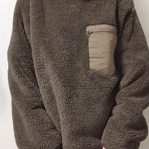 Casual Patchwork Pocket Wool Plush Comfortable Sweatshirt for Women